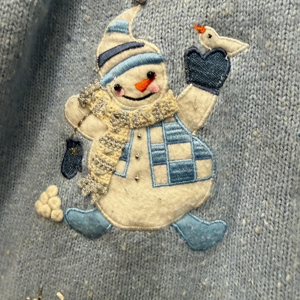 Vintage Bobbie Brooks Vest Angora Blend Blue Snowman‎ Knit Sweater Zip Front M/L
